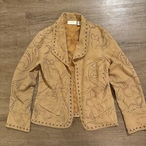 Chico's 0 Women's Tan Faux Suede Boho Cut Out Jacket (size 4) Whip Stitch Trim